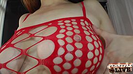 hey, redhead penny pax in full red bodystocking showing off her curvy body 😍