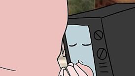 tv woman sucks cameraman's cock while he sucks her pussy in this hentai scene