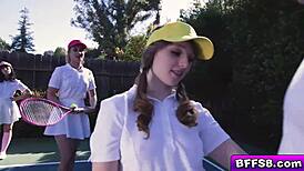 Besties Dare Each Other During Tennis Lesson with Stud They Want to Fuck