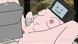 tv woman sucks cameraman's cock while he sucks her pussy in this hentai scene