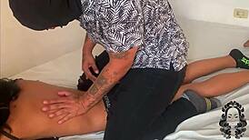 Horny stepsister enjoys massage on tits and ass.