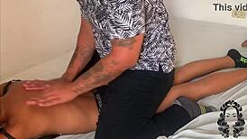 Horny stepsister enjoys massage on tits and ass.