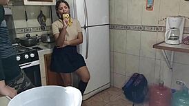 schoolgirl princess charms stepdad into kitchen fling