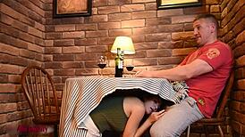 crazy hot girl sneaks a suck under cafe table!