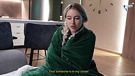 Sharing a bed with stepsister on vacation got messy with cum on panties