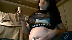Young brunette enjoys burrito belly stuffing