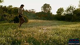 czech milf anetta keys rips clothes for outdoor striptease, revealing her shaved small tits