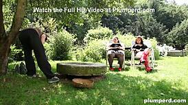 submissive gardener gets handled by two sadistic bitches outdoors