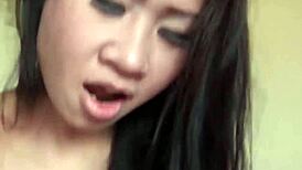 Chubby oriental babe gets hammered by huge cock.