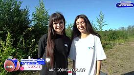 Unforgettable twister strip game in forest! Double blowjob challenge awaits!