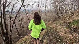 Can you believe this perfect ass babe walks naked in woods touching herself from horniness?