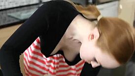 downblouse redhead with pale skin shows saggy boobs while searching keys
