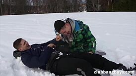 three gay snowboarders say, 'let's have bareback anal after the slopes'