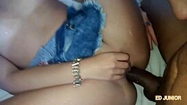 Ed junior fucks brunette famosinha in jeans without condom, complete anal creampie in red sheer lingerie