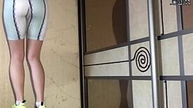 Cute girl shows elastic shape on camera.