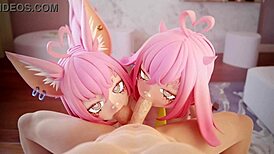 Two slutty anime girls intensely suck your cock in hentai cartoon