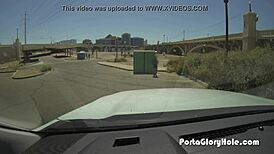 Ebony girl at public gloryhole sucks and swallows white cocks interracial.