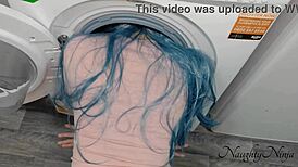 I’m stuck naked in this washing machine, help me with that big cock!