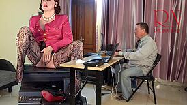 GIANTESS SECRETARY SEDUCES BOSS, SHOWS JUICY PUSSY, TITS, MASTURBATES CUNT