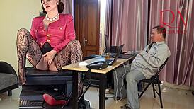 GIANTESS SECRETARY SEDUCES BOSS, SHOWS JUICY PUSSY, TITS, MASTURBATES CUNT