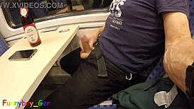 Amateur attempts third cumshot on moving train but gets interrupted at station