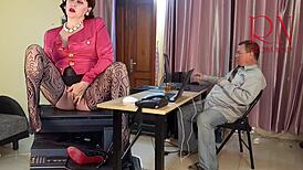 Giantess secretary seduces boss backstage, showing huge pussy and masturbating