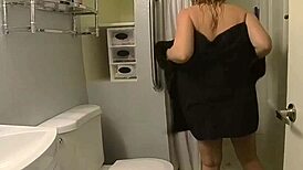 Curvy wife drains cock late night after steamy shower