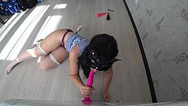 girl sucks rubber dick for anal doggystyle orgasm