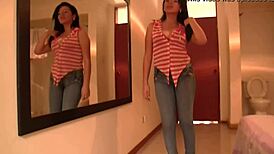 Beautiful 18yo teen cosplayer shows tits through skirt in anime game