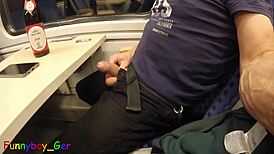 Amateur attempts third cumshot on moving train but gets interrupted at station