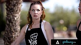 Girlsway features curious sorority babes Skye Blue and Laney Grey in outdoor lesbian orgy.