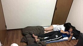 The couple sneaks in perverted sex in the bedroom while their kid is out.