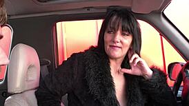 french milf brunette handles 3 cocks in parking lot with anal