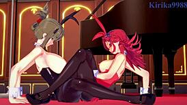 Festenia, Chitose, and Sagiri enjoy intense lesbian play in hentai