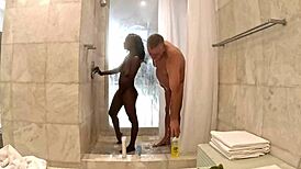 sexy black milf takes a hot steamy shower with white sugar daddy at his penthouse