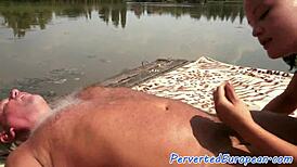 euro babe, why are you pissing on grandpa's cock