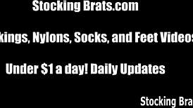 Watch her slowly slide on her stockings in this femdom scene