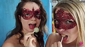 Two girls sucking lollipops but craving dick for cum in mouth threesome 😋