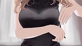 anime sexy girl in black dress rides dick cowgirl, covered in cum in hentai scene