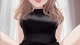 anime sexy girl in black dress rides dick cowgirl, covered in cum in hentai scene