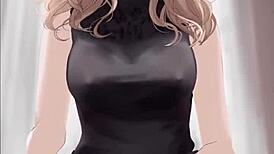 anime sexy girl in black dress rides dick cowgirl, covered in cum in hentai scene