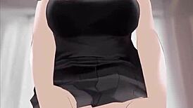 anime sexy girl in black dress rides dick cowgirl, covered in cum in hentai scene