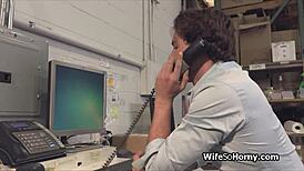 Milf boss checking out that new hard cock in warehouse