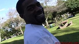 Park girl handles two massive black cocks in a wild deepthroat session