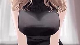 anime sexy girl in black dress rides dick cowgirl, covered in cum in hentai scene