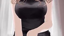 anime sexy girl in black dress rides dick cowgirl, covered in cum in hentai scene