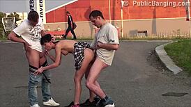 Holy Crap, Daring Public Street Sex Threesome with Cute Petite Teen and Two Guys!