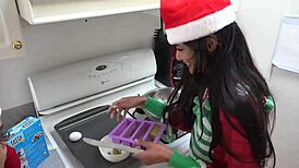 Baking Christmas Cookies with Girlfriend in Kitchen Upskirt Cameltoe Fun