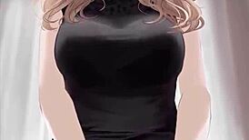 anime sexy girl in black dress rides dick cowgirl, covered in cum in hentai scene