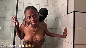 Beautiful woman with great natural breasts has sex with a black man with a big penis in the shower
